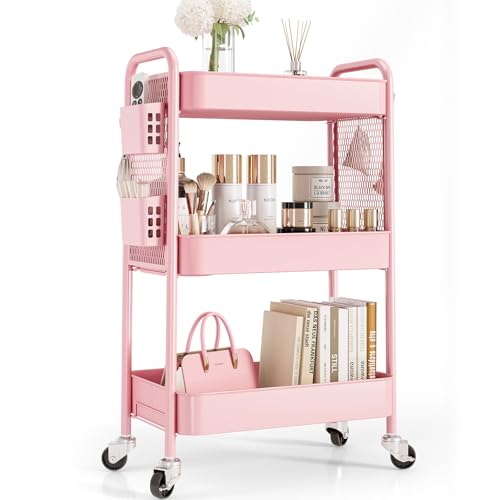 TOOLF 3 Tier Rolling Cart Storage Organizer, Metal Rolling Utility Cart with Wheels, Hooks & Bins Esthetician Craft Art Sturdy Storage with Pegboard for Bathroom, Kitchen, Office, Nursery Diaper - color: Pink, size: 3-Tier