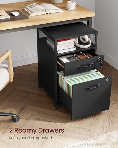 VASAGLE File Cabinet, Mobile Filing Cabinet with Wheels, 2 Lockable Drawers, Open Shelf, for A4, Letter Size, Hanging File Folders, Ink Black UOFC077B16 - color: Ink Black, size: 2 Drawers With Lock and Fences