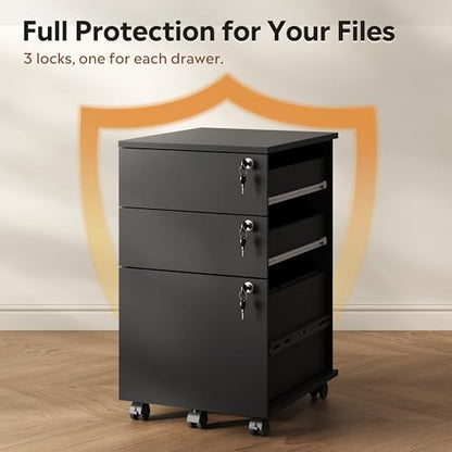 DEVAISE 3 Drawer Wood File Cabinet with Individual Locks, Black - color: Black
