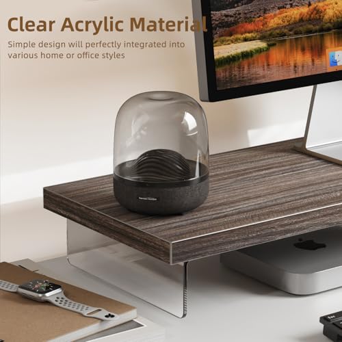 Monitor Stand Riser, 25x10 in Wood & Acrylic Computer Desk Organizer Shelf - color: Smoke Teak, size: 25*10 Inch
