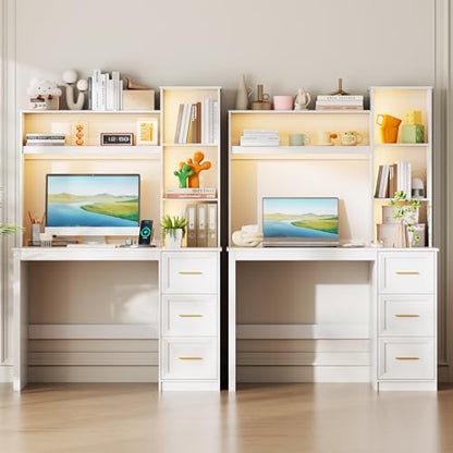40” Home Office Desk with Hutch and Drawers, White | Modern Computer Desk with Adjustable LED Light and Charging Station, Storage Shelves, Writing Table for Bedroom Study Room - color: White-1