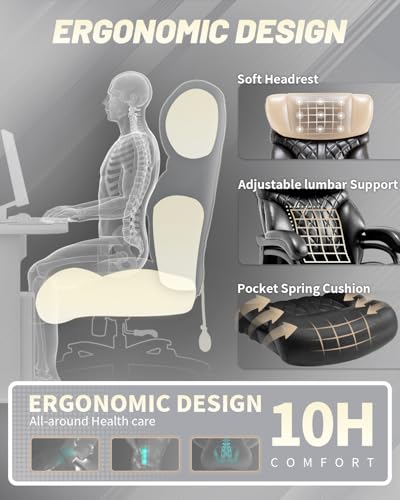800LBS Big and Tall Office Chair for Heavy People, Extra Wide Seat and Adjustable Lumbar, Heavy Duty Executive Chair with High Back, Large Computer Desk Chair Comfortable for Home Office - color: Black