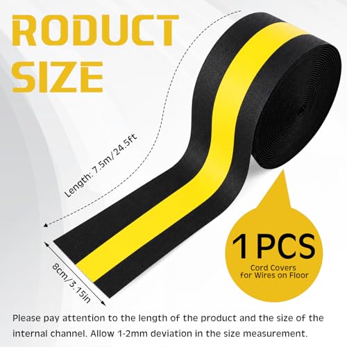 WILLBOND Cord Cover for Carpet, 24.6 ft x 3 in Floor Cable Management Strip, Reusable Hook and Loop Cord Protector for Wires on Carpet, Cuttable Wire Hider for Office Desk Home, Black and Yellow - color: Black and Yellow