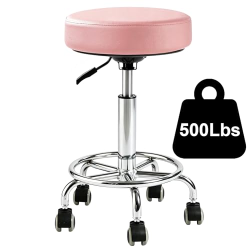 500lb heavy-duty Rolling Stool with Wheels,9.5cm thick Comfort cushion - color: Pink-2