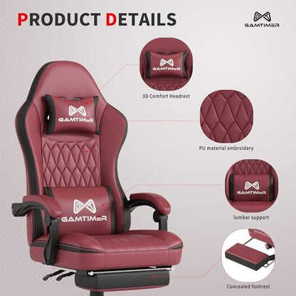Gamtimer Gaming Chair with Footrest, Ergonomic Computer Chair, PU Breathable Material with Headrest and Lumbar Support, Suitable for Silla Gamer and Adults (RED) - color: Red