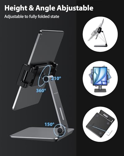 Maxonar iPad Stand Holder, Heavy-Duty Aluminum Alloy Tablet Stand, 360° Swivel Foldable iPad Pro Air Charging Stand Holder for Desk Bed Store POS Showcase Reception Kitchen Office (6-13''), Grey - color: Grey