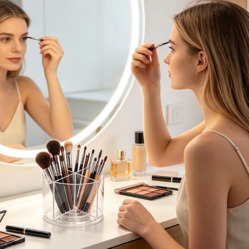 Acrylic Makeup Brush Holder, Clear Rotating Makeup Brush Holder Organizer, Make up Brush Stand with 4 Slots for Vanity Desk Countertop - size: Round-6in