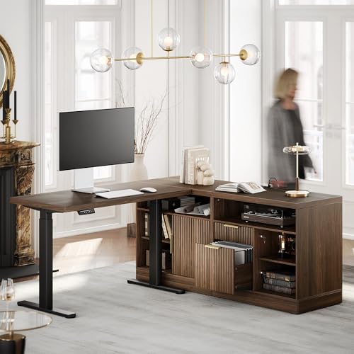 67 Inch L Shaped Executive Standing Desk with Storage Drawers | Electric Adjustable Height Desk with 2 File Cabinet, AC/USB, Fluted Sit Stand Corner Desk, 1.18" Desktop, Black Walnut