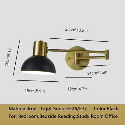 Modern Iron Swing Arm Wall Sconce Gold and Black Adjustable Wall Lamp Fixture for Bedroom Bedside Living Room Reading Mid Century Industrial Wall Mounted Lighting E26 Base Hardwired(Black) - color: Black