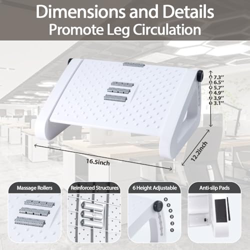 CasaZenith Foot Rest, Six Heights Adjustable Foot Rest Under Desk at Work | Ergonomic Foots Stool for Under Office Desks, Under Desk Footrest with Foot Massage Roller, Chair Footrest - White - color: White