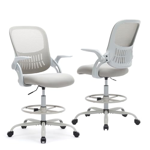 Sweetcrispy Tall Drafting Office Desk Chair - Ergonomic High Stool Computer Chair with Adjustable Height and Comfy Lumbar Support, Rolling Counter Height with Flip-up Arm and Footrest, Grey