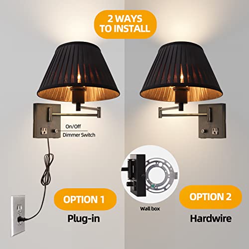 17" Swing Arm Wall Lamp USB & AC Outlet, Dimmable, Black - color: Black