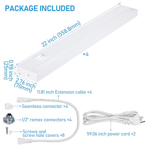TORCHSTAR 4-Pack 22 Inch 5CCT LED Under Cabinet Lighting Aluminum, White - color: White, size: 22 Inch
