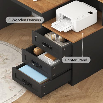 65" Farmhouse Computer Desk with Drawers and Printer Stand for Home Office - color: Brown and Black