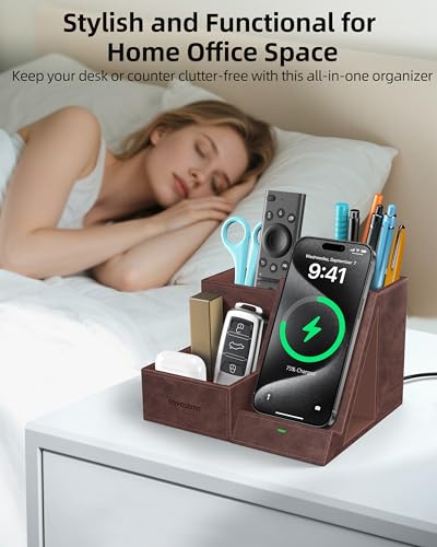 Wireless Charger with Desk Organizer, 3 Compartments and 1 Phone Stand - color: Dark Brown