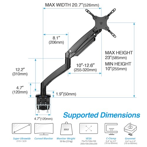 AVLT Single 17"-49" Super Ultrawide Monitor Arm Desk Mount Black | Screens up to 50 lbs Premium Aluminum Stand Adjustable Pneumatic Height Full Motion Swivel Tilt Rotation USB 3.0 & AUX Ports - color: Black