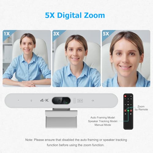 Conference Room Camera, All-in-One 4K Webcam with Microphone and Speaker, AI Tracking and Auto Framing, Wide Angle of View, Plug and Play USB Webcam for PC, Mac, Meetings, Teams, Zoom & Webex (White) - color: White