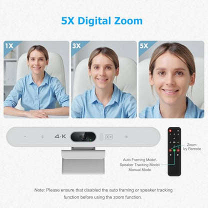Conference Room Camera, All-in-One 4K Webcam with Microphone and Speaker, AI Tracking and Auto Framing, Wide Angle of View, Plug and Play USB Webcam for PC, Mac, Meetings, Teams, Zoom & Webex (White) - color: White