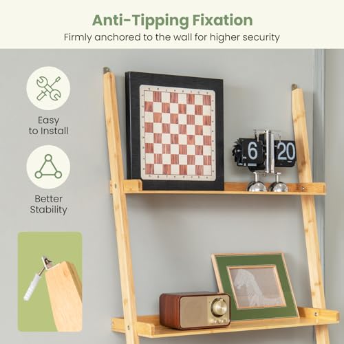Tangkula 5-Tier Ladder Shelf Bookcase, Bamboo 72”H Wall-Leaning Bookshelf with Baffles and Anti-Tipping Kits, Plant Stand for Living Room Bathroom Home Office Decor, Ladder Bookshelf, Natural - size: 26" x 14.5" x 72" (L x W x H)