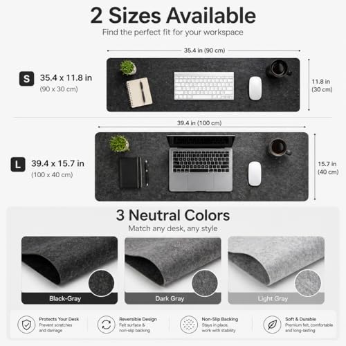 Premium Reversible Felt Desk Mat | Computer Pad for Keyboard & Mouse | Office & Home Workspace Protector (Black Gray, 36Inx12In) - color: Black Gray, size: 36" x 12"