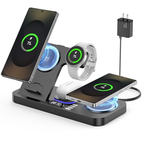 Magnetic Wireless Charger for Samsung, 6 in 1 for Samsung Charging Station,30W Dual Phone with Auto-Switch 7-Color Light & Clock,for Samsung S26,for Galaxy Buds for Samsung Galaxy Watch