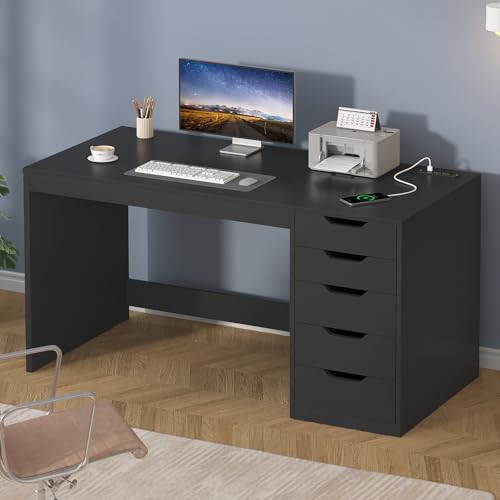 47 Inch Small Computer Desk with 5 Drawers and Outlets for Home Office - color: Black, size: 47inch-5drawers