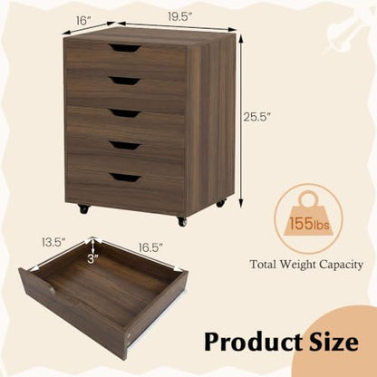 Giantex 5-Drawer Vertical File Cabinet, Mobile Office Storage Cabinet with Drawers, Large Capacity, 2 Lockable Casters and Universal Wheels, Under Desk Side Printer Stand Rolling File Cabinet (Walnut) - color: Walnut