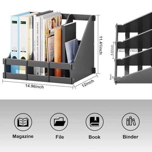 Bamboo Desk File Organizer, 3-Compartment Magazine Holder(Black) | 3 vertical compartments organize files, folders, magazines and mail while saving valuable desk space. - color: Black