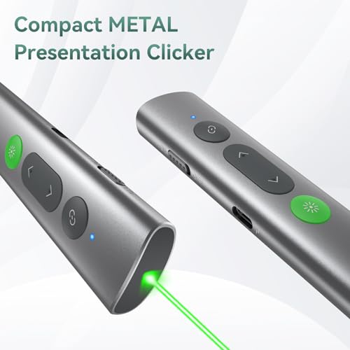 Wireless Presentation Clicker PowerPoint Remote: USB C A Presenter PPT Power Point Google Slide Advancer with Green Laser Pointer Smart Board Clicker for Computer Laptop Mac Projector Office Classroom - style: Metal & Green Laser