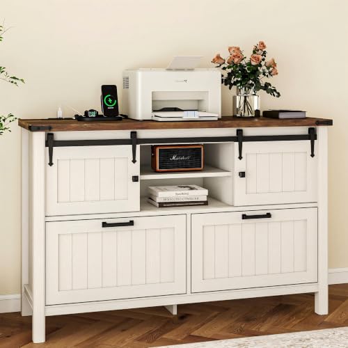 Farmhouse File Cabinet for Home Office, White Printer Stand | Office Credenza Storage Cabinet,Sliding Barn Doors & 2 Large File Drawers for Legal/A4/Letter Size, Home Office, Living Room - color: White