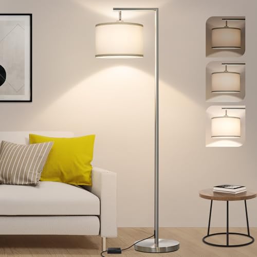 Dimmable Silver Floor Lamp, Brushed Nickel Floor Lamps for Living Room with Adjustable White Shade, Tall Standing Lamp Modern Reading Light for Bedroom Office Nursery, 9W LED Bulb Included - color: Silver