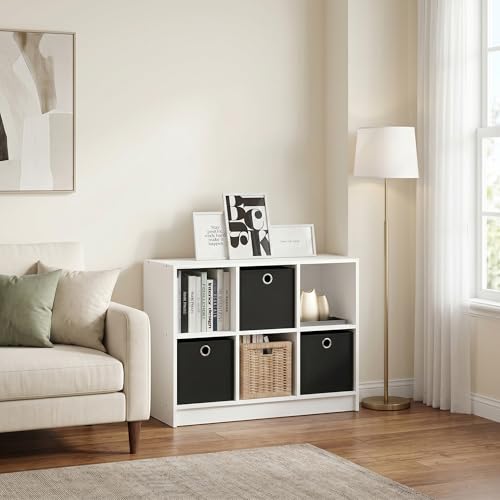 6-Cube Bookshelf with Storage Bins, Cube Bookcase, Book Shelf with Storage Bins, 11.9 x 31.6 x 23.6, for Organization and Storage, Home Office, Living Room, White/Black - color: White/Black, size: 6 Cube