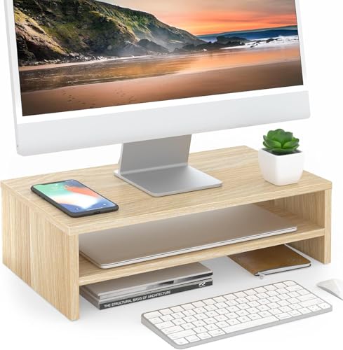 FITUEYES Wooden Monitor Stand Riser, 2-Tier Desk Storage Shelf, Oak | 16.7-Inch Desktop Organizer Fits Laptop, Computer Screen and Office Supplies - color: Oak, size: 16.7“