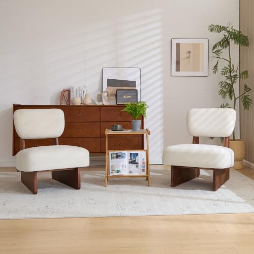 Christopher Knight Home Mores Low Profile Accent Chair Set of 2, Modern Living Room Armless Lounge Chair, Fabric Comfy Reading Chair for Bedroom, Wooden Frame and Thick Padded Seat, White+Walnut - color: Walnut+white C