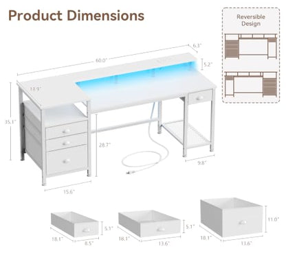 Furologee 60" White Computer Desk with 4 Drawers, Power Outlet, LED Lights - color: White, size: 60 Inch