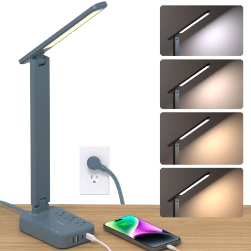 Addtam LED Desk Lamp, Power Strip with 3 Outlets 4 USB Charging Ports(2 USBC), 4 Modes 5 Level Brightness Touch Lamp, Small Desk Lamp for Home Office College Dorm Room Essentials, Blue - color: Blue, size: 5 FT
