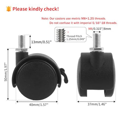 HOWDIA M8×1.25 Threaded Stem 1.5 Inch Nylon Swivel Caster Wheels with Brake – Floor-Protecting Light-Duty Replacement for Carts, Office Chairs & Furniture, Not Fit for 5/16-18(30 KG Total, 4-Pack) - style: M8 - 1.25×13mm Threaded Stem