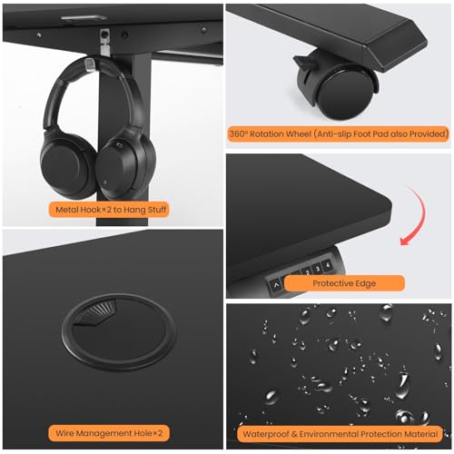 Electric Adjustable Standing Desk with Wheels, 63'' x 24'' Sit Stand with Dual Crossbeam Structure and Mouse Pad, 27''-46'' Lifting Range (Black) - color: Black, size: 63 x 24''