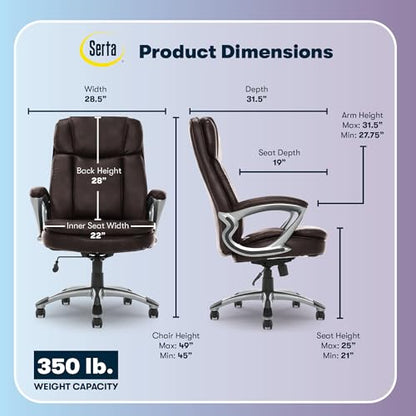 Serta Ergonomic Big and Tall Executive Office Chair Lumbar Support, Leather | Fairbanks, Gaming Chair with Headrest, 350lb Capacity, Padded Arms, Semi-Plush Seat Cushion, Adjustable Height & Tilt, Brown - color: Brown, size: 350 lbs