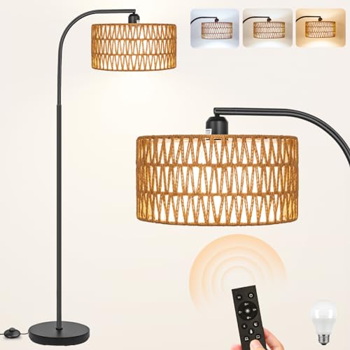 Rattan Floor Lamps for Living Room with Dimmable 9W LED Bulb Farmhouse | Remote Control Boho Standing Lamps with Rattan& Linen Double Shades, Arc Lamps Reading Floor Tall Lamp for Bedroom - style: Cylinder-Black