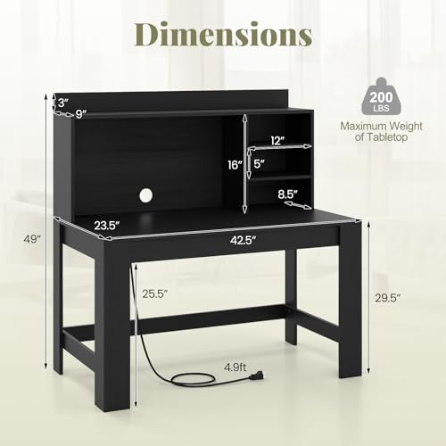 GIANTEX Computer Desk with Hutch, Modern Home Office Desk with Power Outlets, Storage Shelves & Cable Hole, Makeup Vanity Table, Study Writing Desk for Bedroom Office Small Space (Black) - color: Black