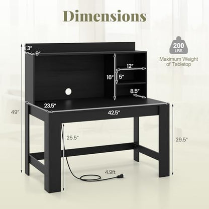 GIANTEX Computer Desk with Hutch, Modern Home Office Desk with Power Outlets, Storage Shelves & Cable Hole, Makeup Vanity Table, Study Writing Desk for Bedroom Office Small Space (Black) - color: Black