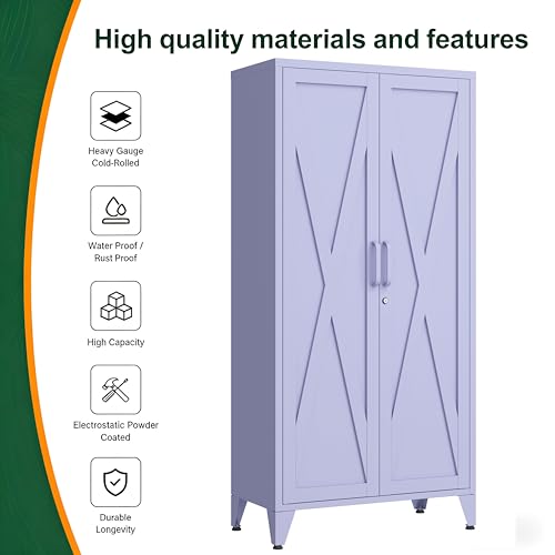 Purple Metal Pantry Cabinet with Lock,Freestanding Steel Storage Locker with 3 Adjustable Shelves,Heavy Duty Metal Storage Cabinet for Kitchen, Living Room,Laundry,Garage 61" H X 27.6" W X 13.8" D - color: Purple, style: 61"H-Cabinet-DX
