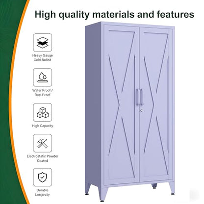 Purple Metal Pantry Cabinet with Lock,Freestanding Steel Storage Locker with 3 Adjustable Shelves,Heavy Duty Metal Storage Cabinet for Kitchen, Living Room,Laundry,Garage 61" H X 27.6" W X 13.8" D - color: Purple, style: 61"H-Cabinet-DX