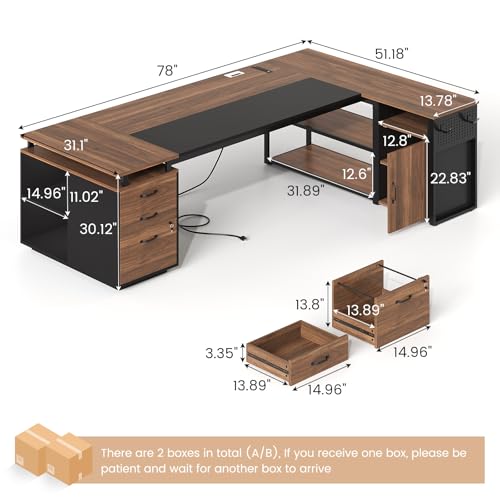 78" Executive Desk with Lockable File Cabinet, L Shaped Office Desk with Power Outlets, Large Executive Desk with Drawers and Storage Shelves , Reversible Computer Desk with Privacy Screen, Walnut - color: Walnut