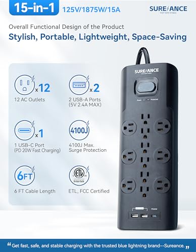 Surge Protector Power Strip, SUREANCE Surge Protector with 12 Outlets and 4 USB Ports, 20W PD USB-C Fast Charging for Home, Office, 4100 Joules, Flat Plug, 6 Feet Extension Cord, ETL Listed