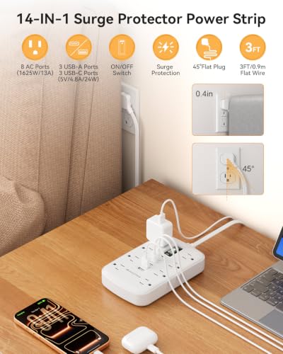 3FT Extension Cord with 6 USB(3 USB C) 8 Outlets, Flat Plug Power Strip - size: 3 FT-White-Three Prong