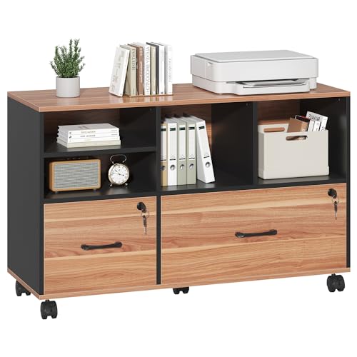 2 Drawer File Cabinet for Home Office, Lockable Rolling Filing Cabinet with Adjustable Shelves, Wood Lateral File Cabinet with Lock, Printer Stand Office Storage Cabinet, Rustic Brown & Black - color: Walnut and Black-2 Drawers