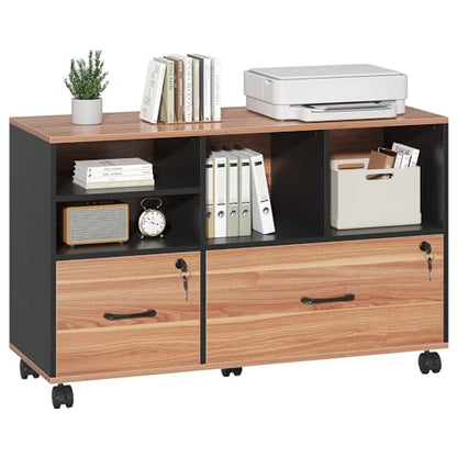 2 Drawer File Cabinet for Home Office, Lockable Rolling Filing Cabinet with Adjustable Shelves, Wood Lateral File Cabinet with Lock, Printer Stand Office Storage Cabinet, Rustic Brown & Black - color: Walnut and Black-2 Drawers
