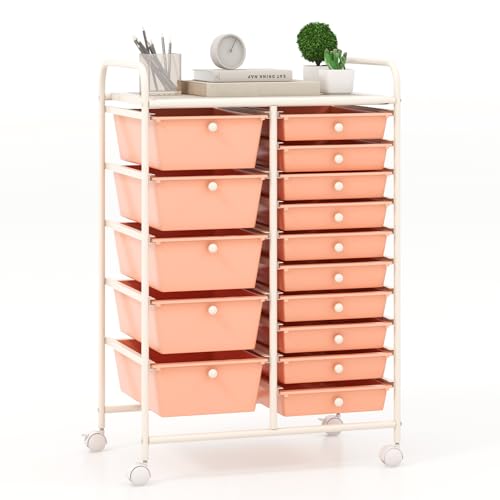 Giantex 15 Drawers Rolling Cart, Classroom Organizers, Storage Cart with Wheels, for Teacher Office Home School Supplies Tool Craft Art Paper - color: Peach Fuzz, size: 15 Drawers (5 Big +10 Small)